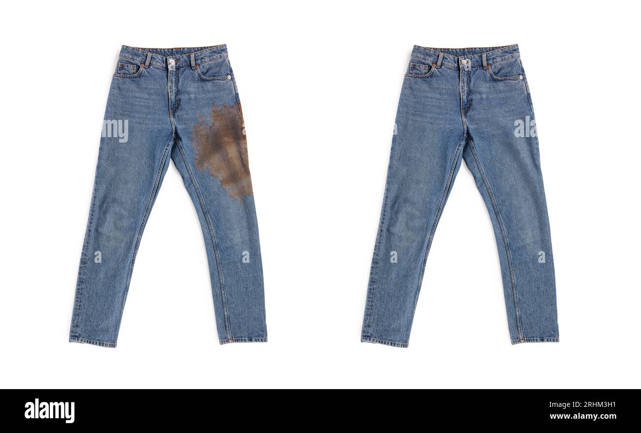 Collage with dirty and clean jeans isolated on white. Before and after