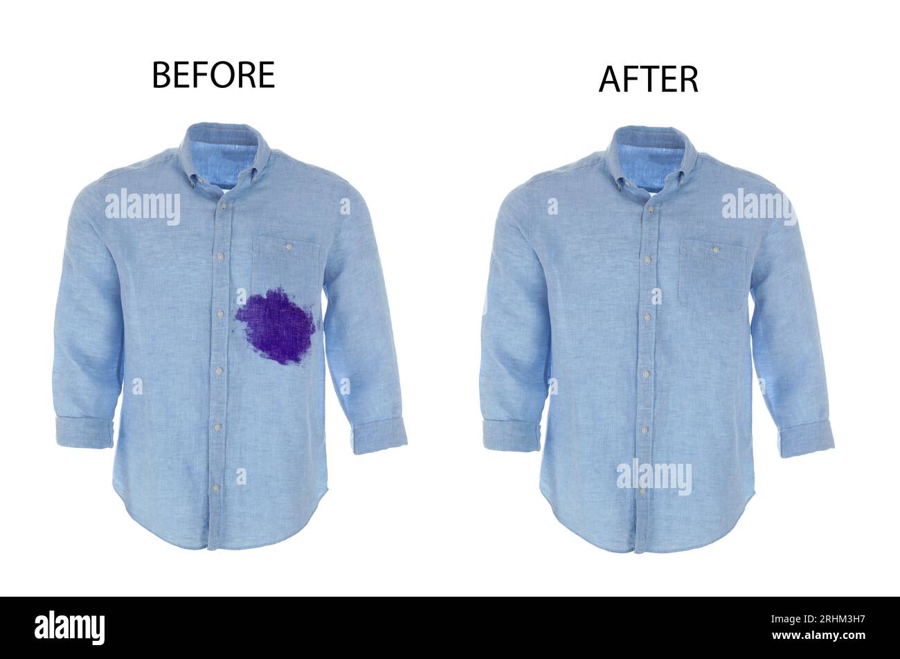 Collage with dirty and clean shirt isolated on white. Before and after