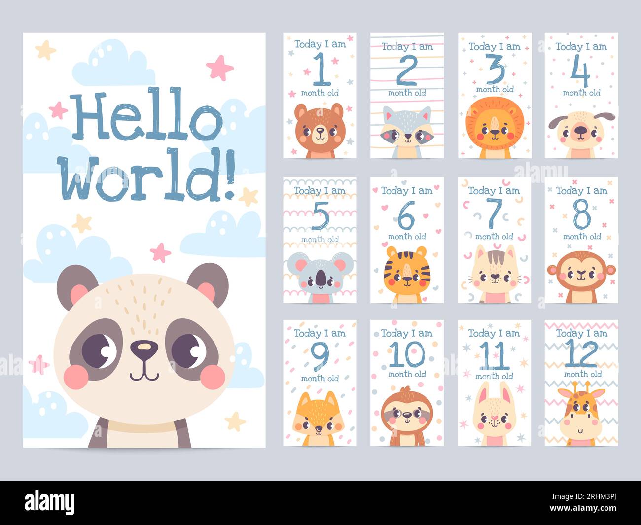 Baby month cards with animals. Monthly milestone stickers for newborn