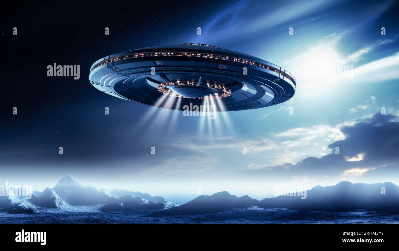An Unidentified Flying Object Saucer Is Hovering In The Colored Surreal Sky Stock Photo