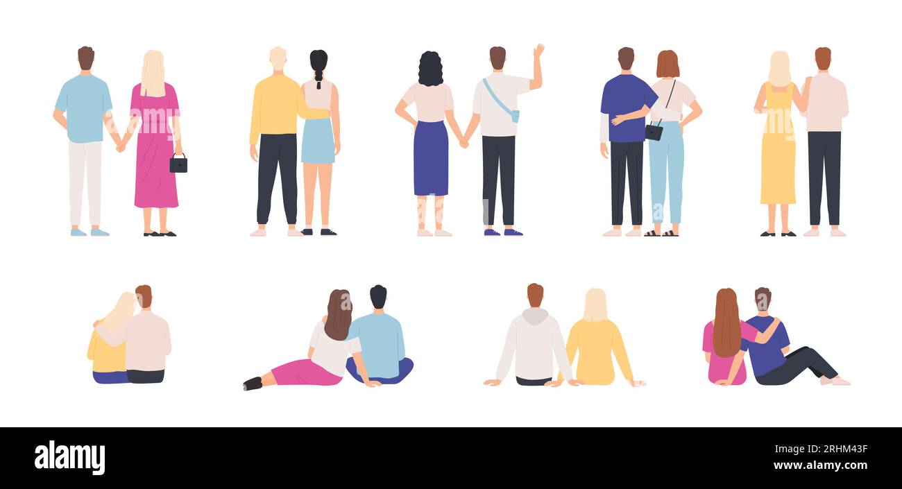 Couple back view. Couples hugging, standing and sitting together