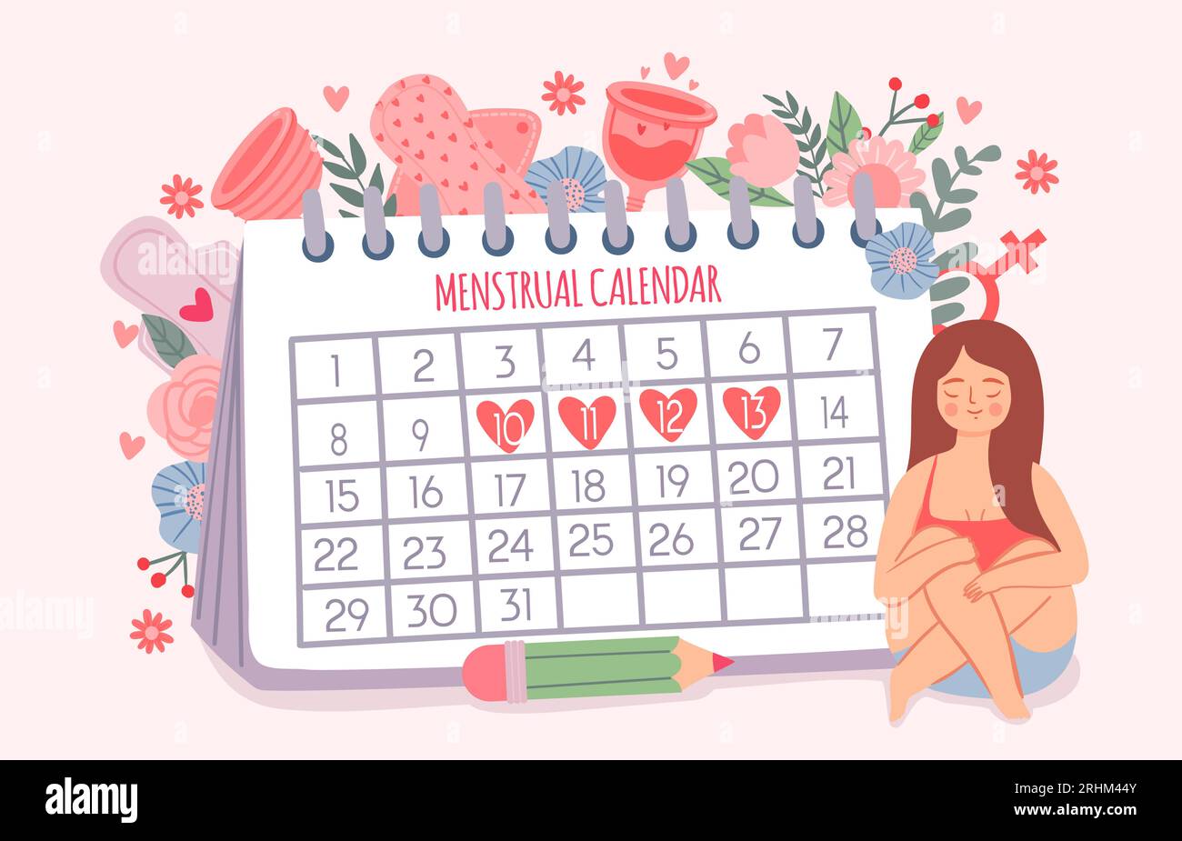 Woman and period calendar. Female check dates of menstruation cycle