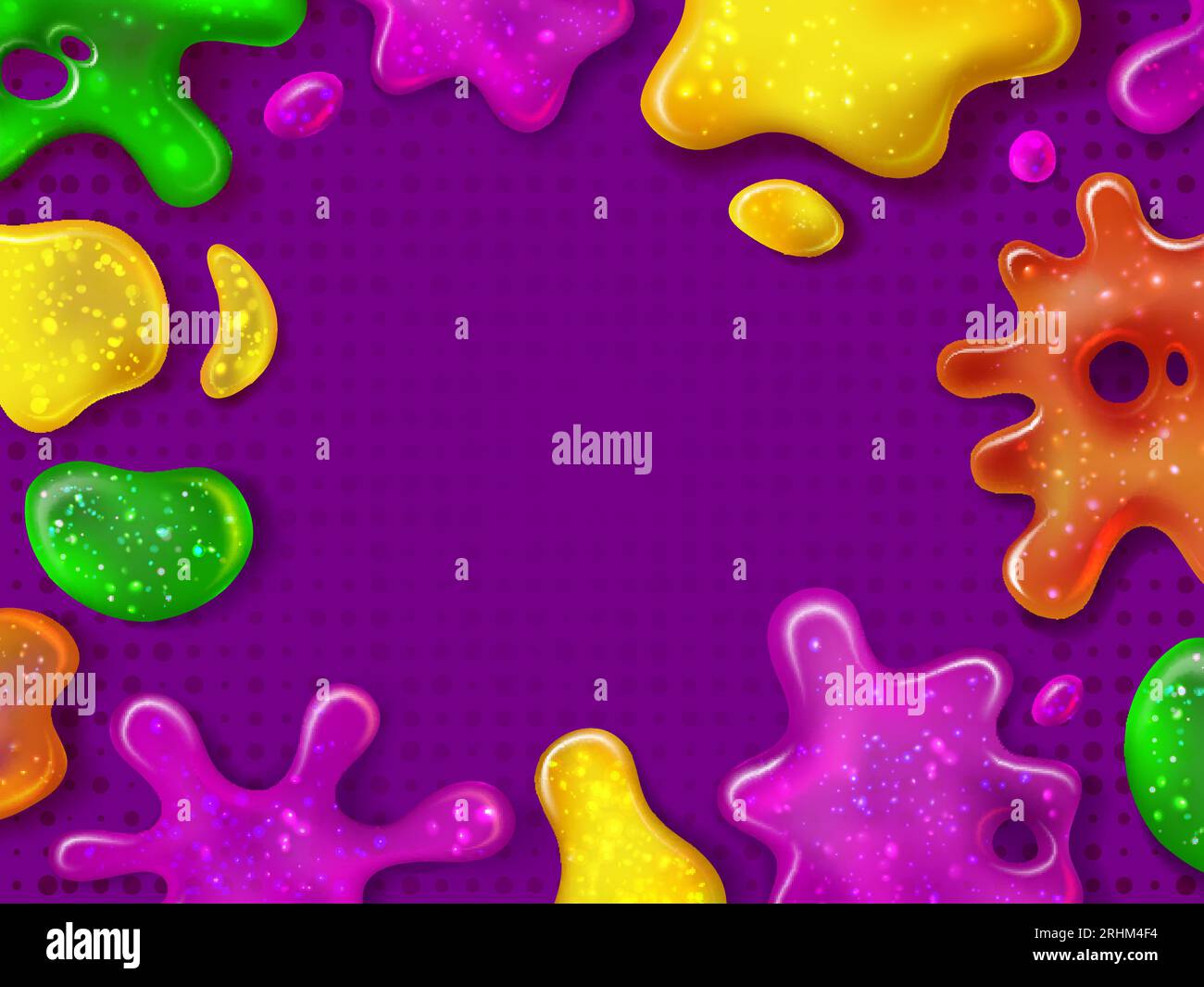 Glitter slime. Glossy goo splashes and sticky slimes blotches. Dripping