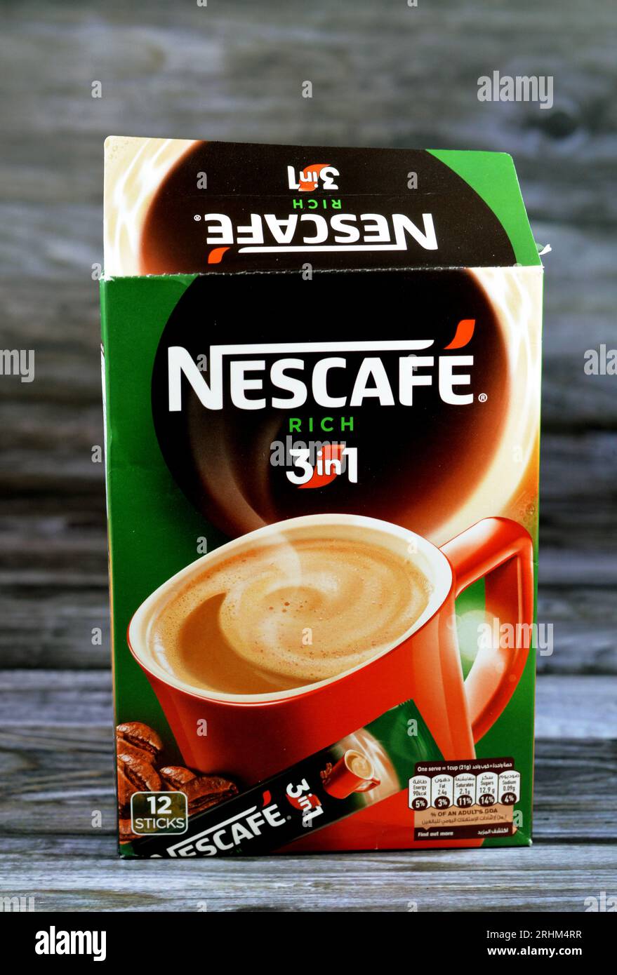 Cairo, Egypt, August 5 2023 Nestle Nescafe 3 in 1 rich sticks sachets