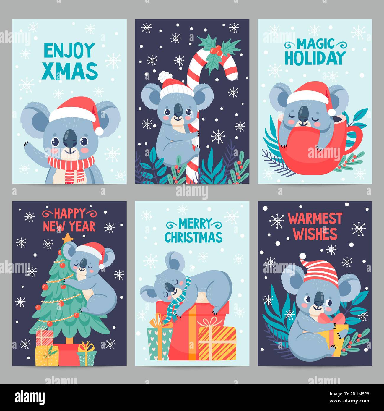 Koala christmas. Happy animals with gift boxes. Cute merry christmas ...