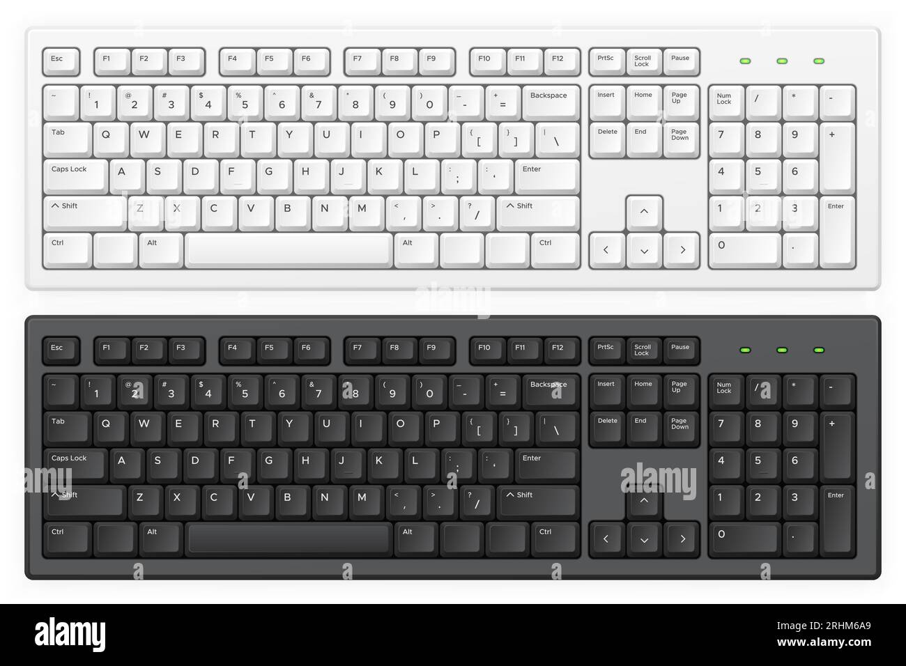 Keyboard. PC white and black key buttons with english qwerty alphabet realistic vector isolated