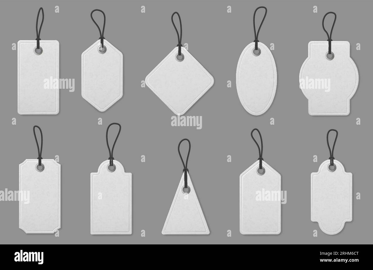 Price label tag cards. Realistic white shopping labels with ropes