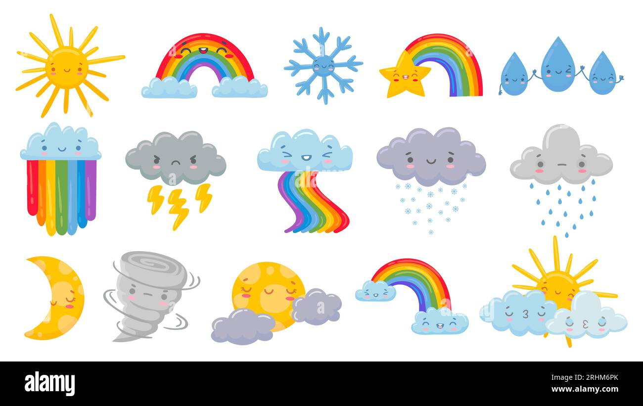 cute stamps, weather sun rainbow clouds moon icons, Stock vector