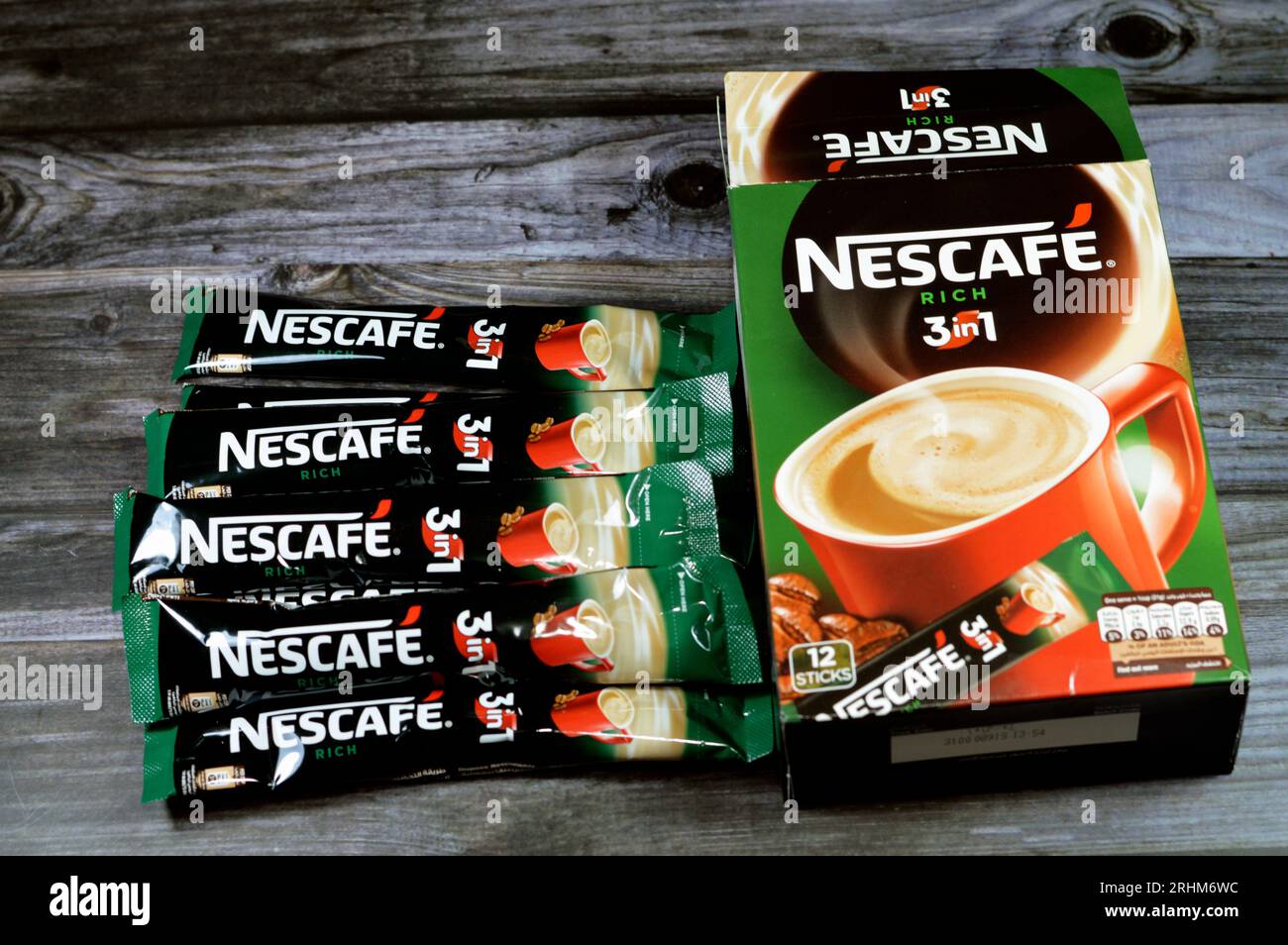 Cairo, Egypt, August 5 2023: Nestle Nescafe 3 in 1 rich sticks