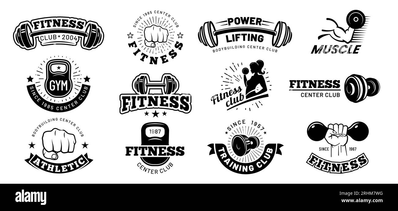Retro fitness badges. Gym emblem, sport label and black stencil