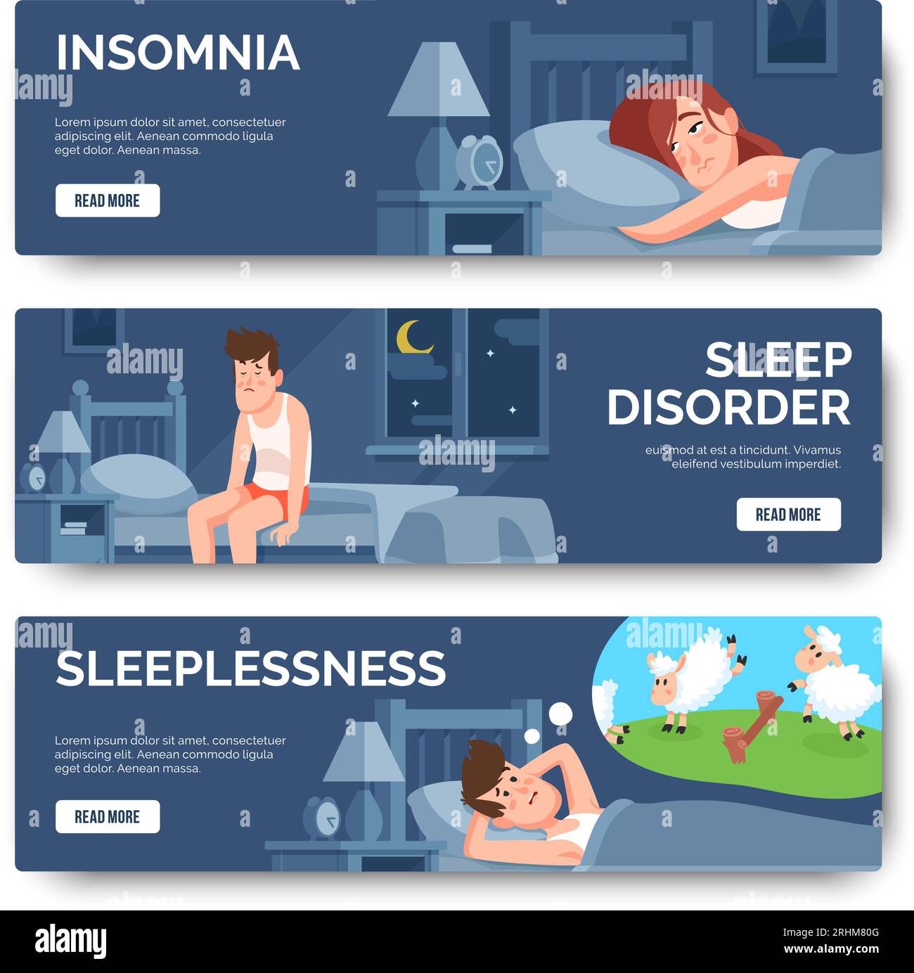 Insomnia, sleep disorder isolated banner set. Insomnia in bed, disorder