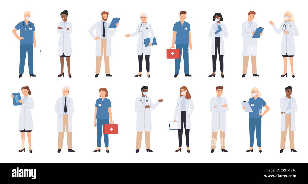 Hospital doctors and nurses. Doctor with stethoscope, nurse in scrubs