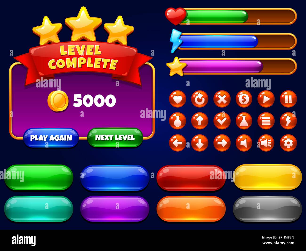 Game UI. Level complete menu with golden stars and buttons. Health bar