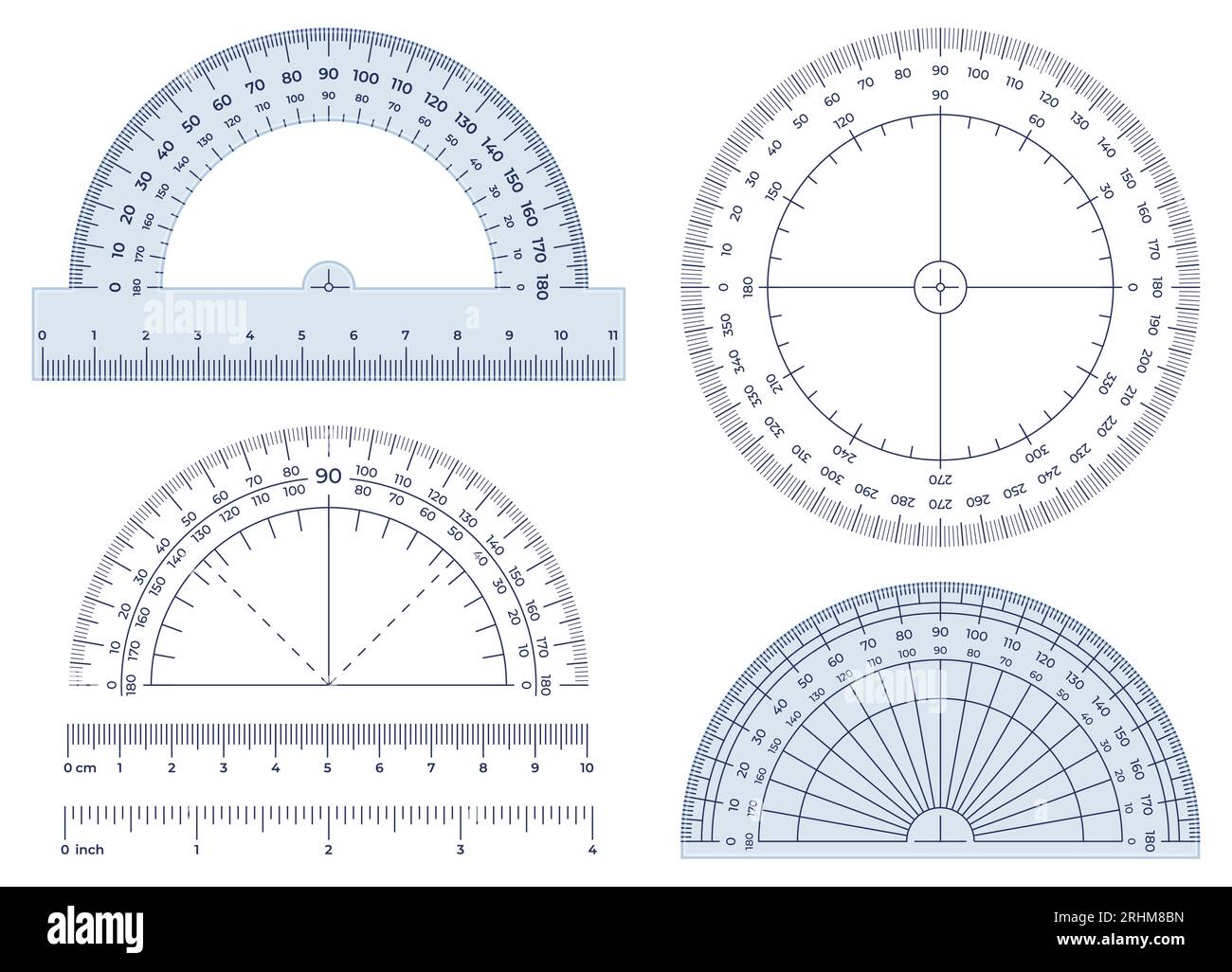 Protractor. Angles measuring tool, round 360 protractors scale and 180 degrees measure vector