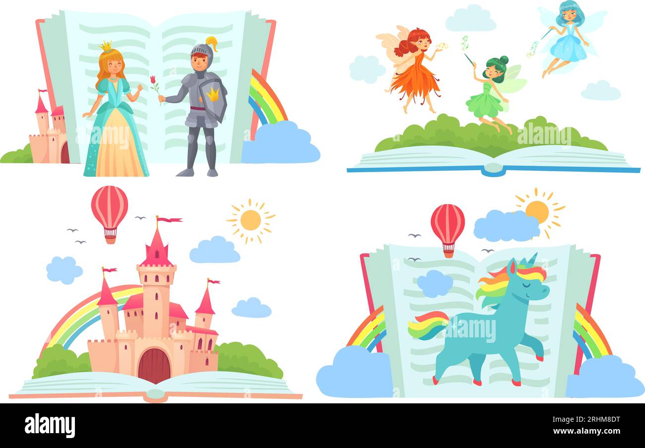 Open books with fairy tales characters. Kingdom with castle, royal knight giving rose to princess. Cute fairies flying with magic wands in dresses wit Stock Vector