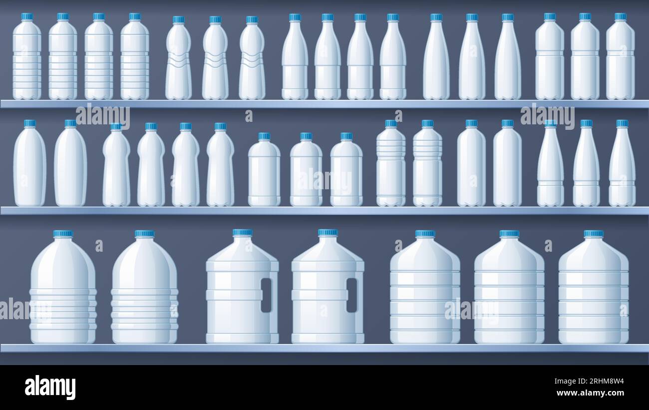 Plastic bottles on shelves. Bottled distilled water shelf, liquid