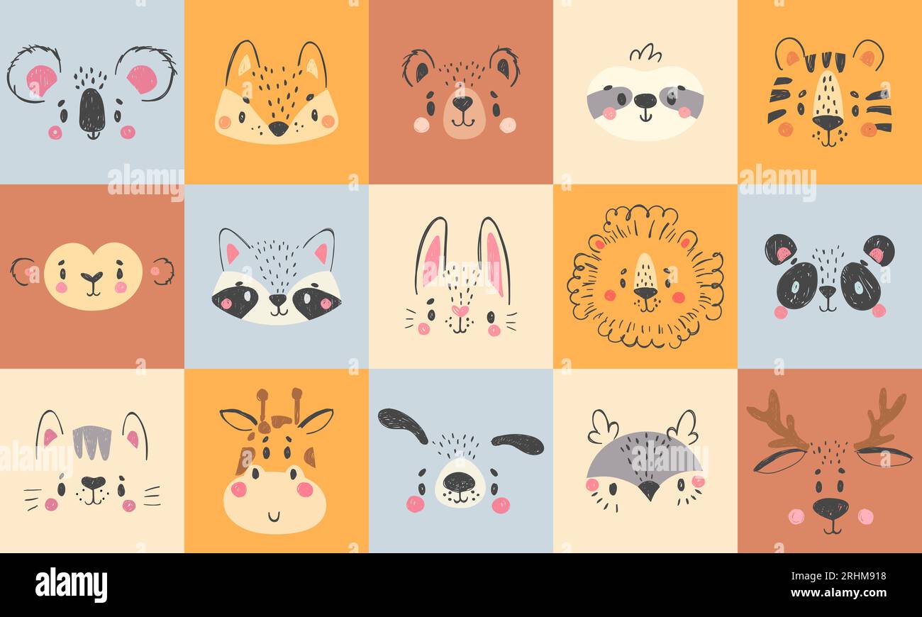 Cute animal portraits. Hand drawn happy animals faces, smiling bear, funny fox and koala cartoon vector illustration set. Face deer and lion drawing, Stock Vector