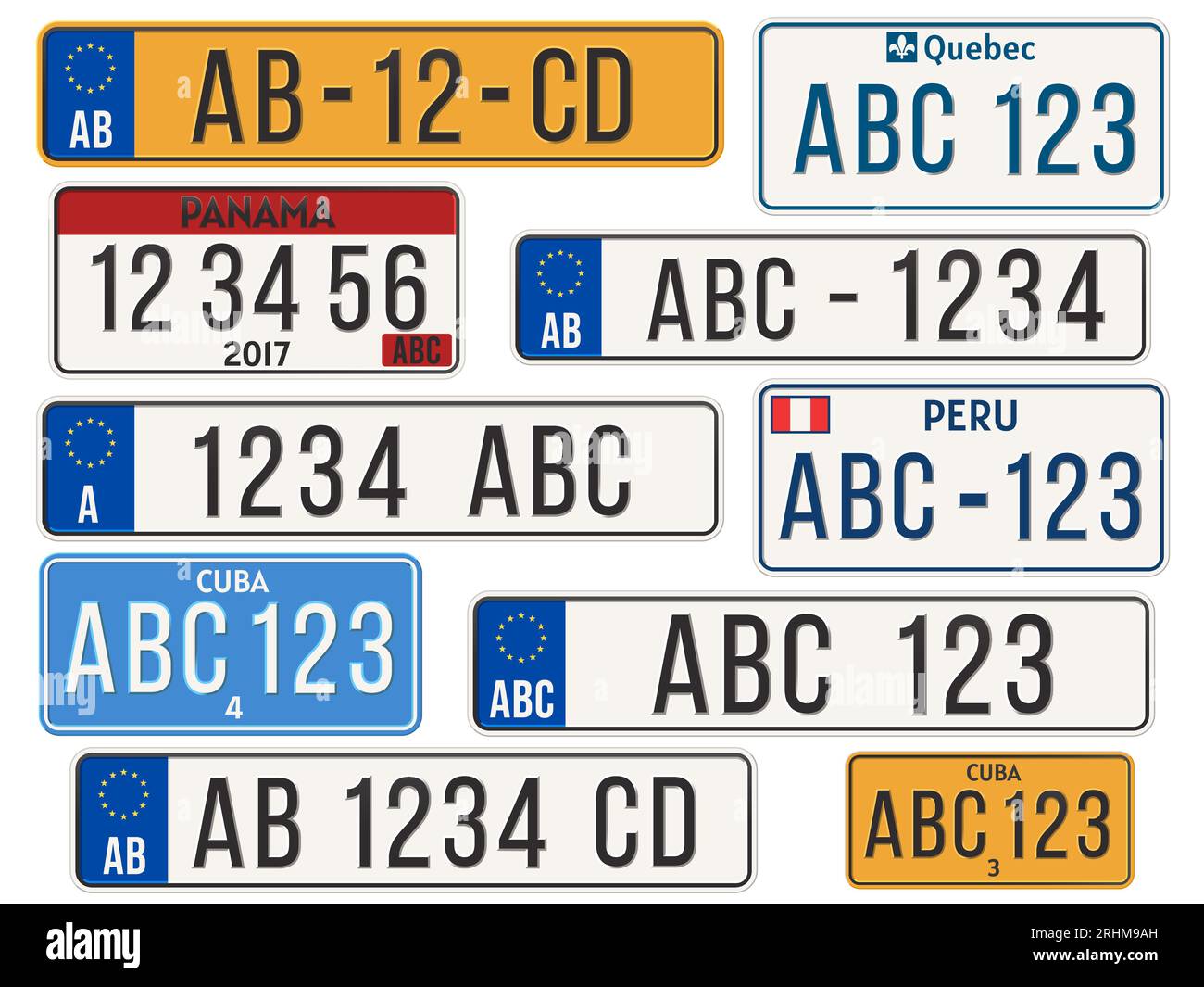 Car license plate. EU countries car number plates. Cuba, Panama, Peru