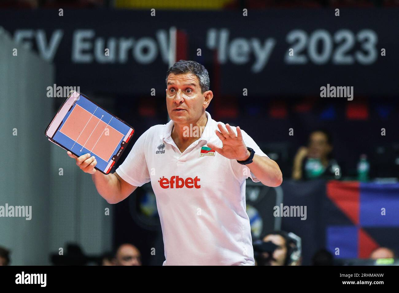 Monza, Italy. 17th Aug, 2023. Lorenzo Micelli Head Coach of Bulgaria reacts during the CEV EuroVolley 2023 women Final Round Pool B volleyball match between Bosnia-Herzegovina and Bulgaria at Arena di Monza. Final Score; Bosnia ed Erzegovina-Bulgaria 1-3 (20-25, 19-25, 25-19, 18-25) (Photo by Fabrizio Carabelli/SOPA Images/Sipa USA) Credit: Sipa USA/Alamy Live News Stock Photo
