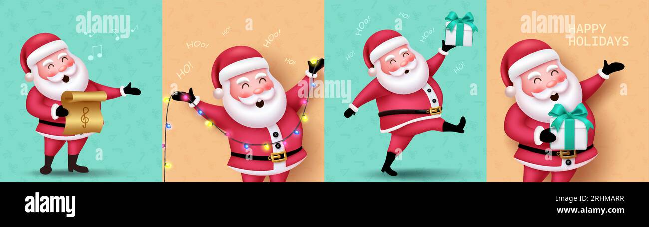 Santa claus christmas characters vector set design. Christmas santa claus character for holiday season greeting card cartoon character decoration. Stock Vector