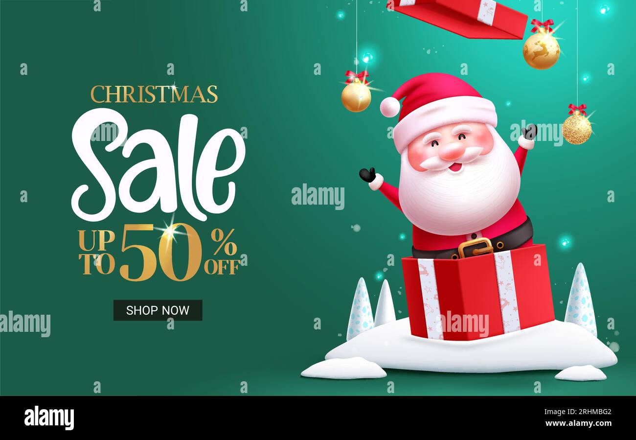 Christmas sale text vector banner design. Christmas santa claus character in open box for surprise shopping clearance discount promo offer. Vector Stock Vector