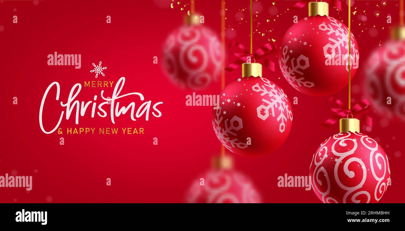 Christmas balls vector design background. Merry christmas and happy new year text with hanging red bauble ball in elegant background. Vector Stock Vector