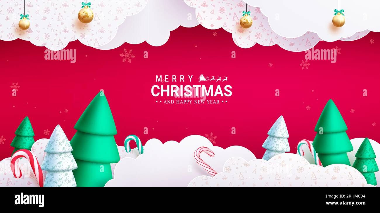 Merry christmas text vector design. Christmas greeting card with paper cut clouds, pine tree, candy cane and fir tree elements decoration. Vector Stock Vector