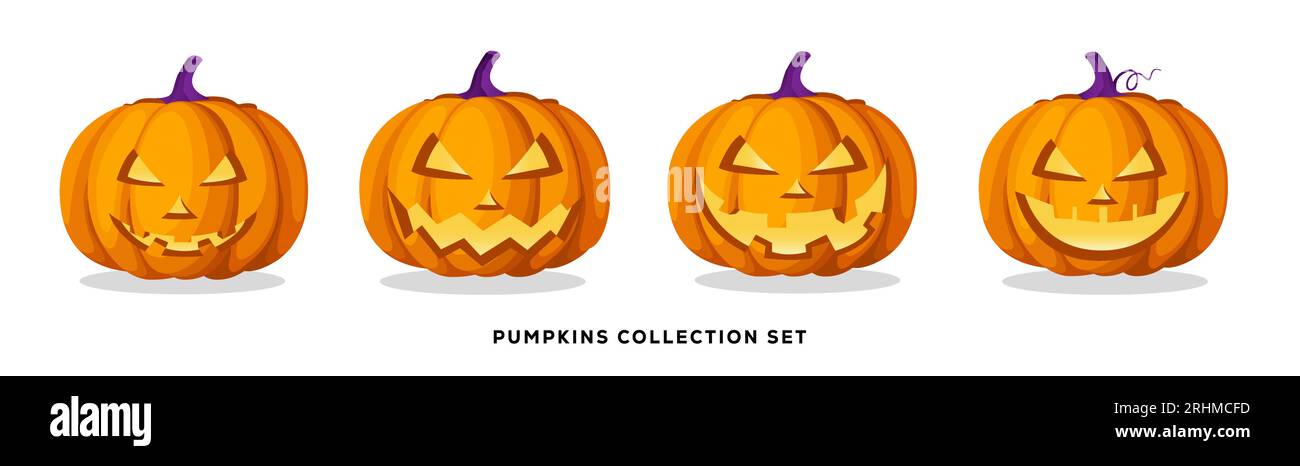 Halloween pumpkins vector set design. Pumpkins orange squash collection in scary, spooky and horror face isolated in white. Vector illustration Stock Vector