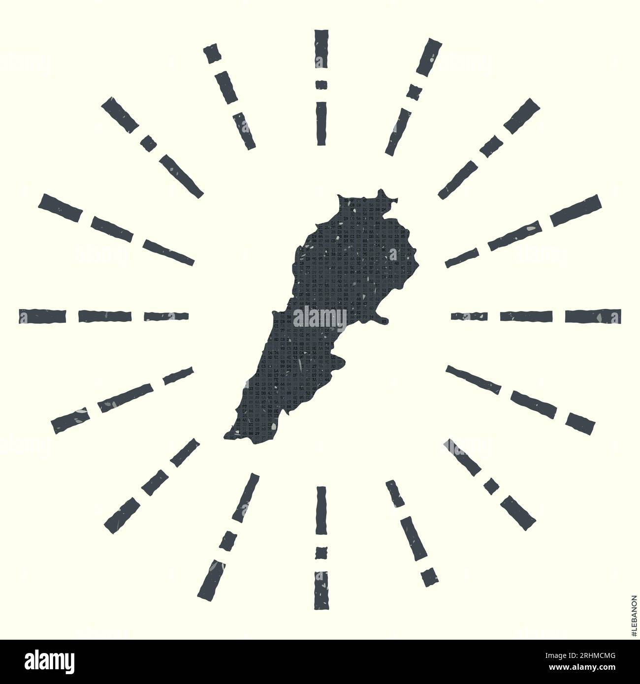 Lebanon Logo. Grunge sunburst poster with map of the country. Shape of