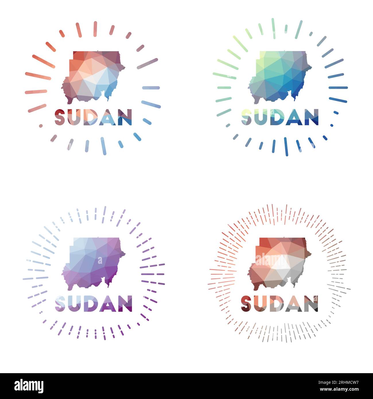 Sudan low poly sunburst set. Logo of country in geometric polygonal ...