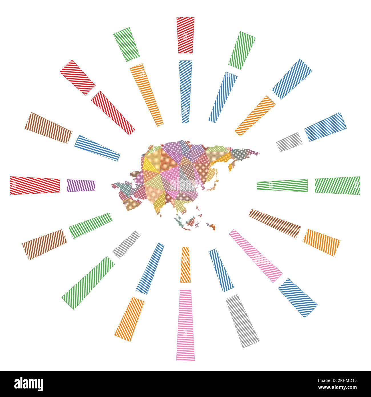 Asia sunburst. Low poly striped rays and map of the continent ...