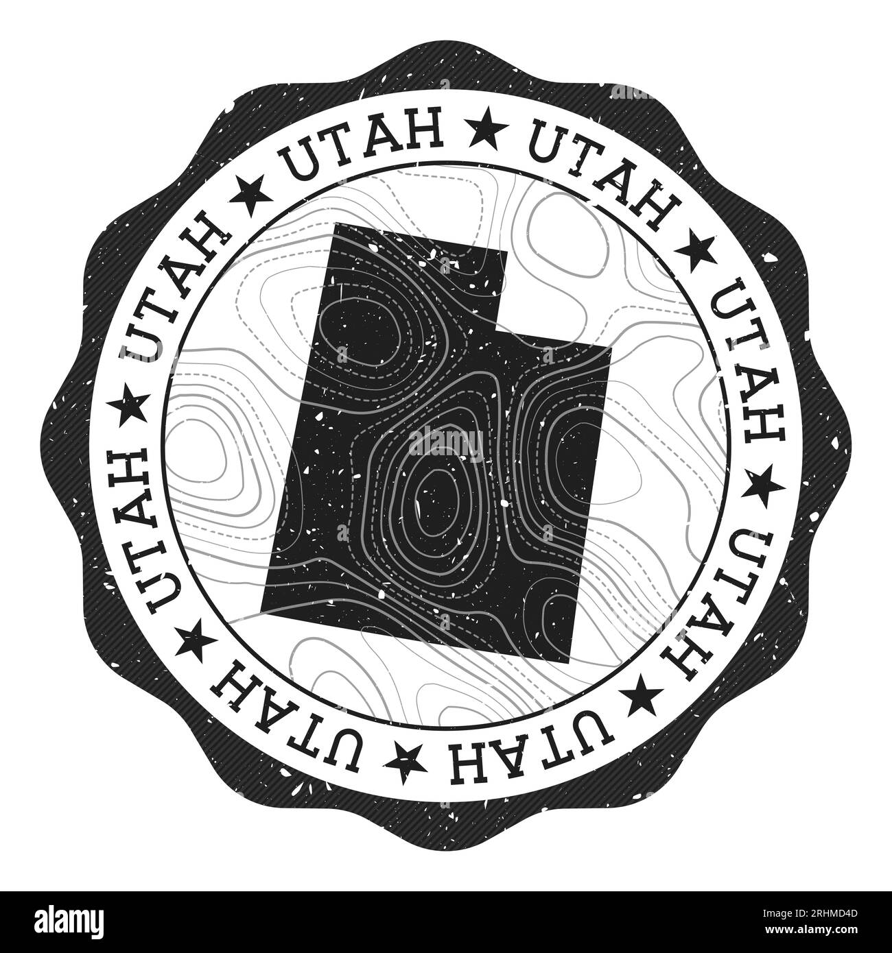Utah outdoor stamp. Round sticker with map of US state with topographic ...
