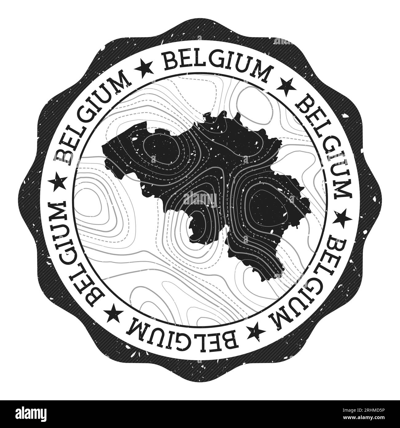 Belgium outdoor stamp. Round sticker with map of country with topographic isolines. Vector illustration. Can be used as insignia, logotype, label, sti Stock Vector