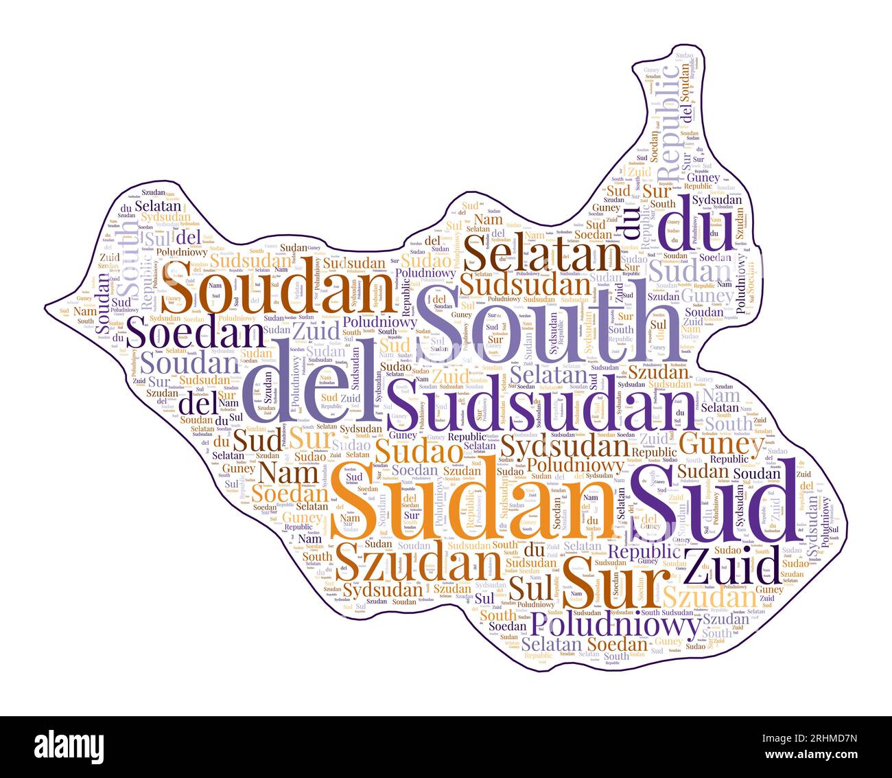 South Sudan shape filled with country name in many languages. South ...