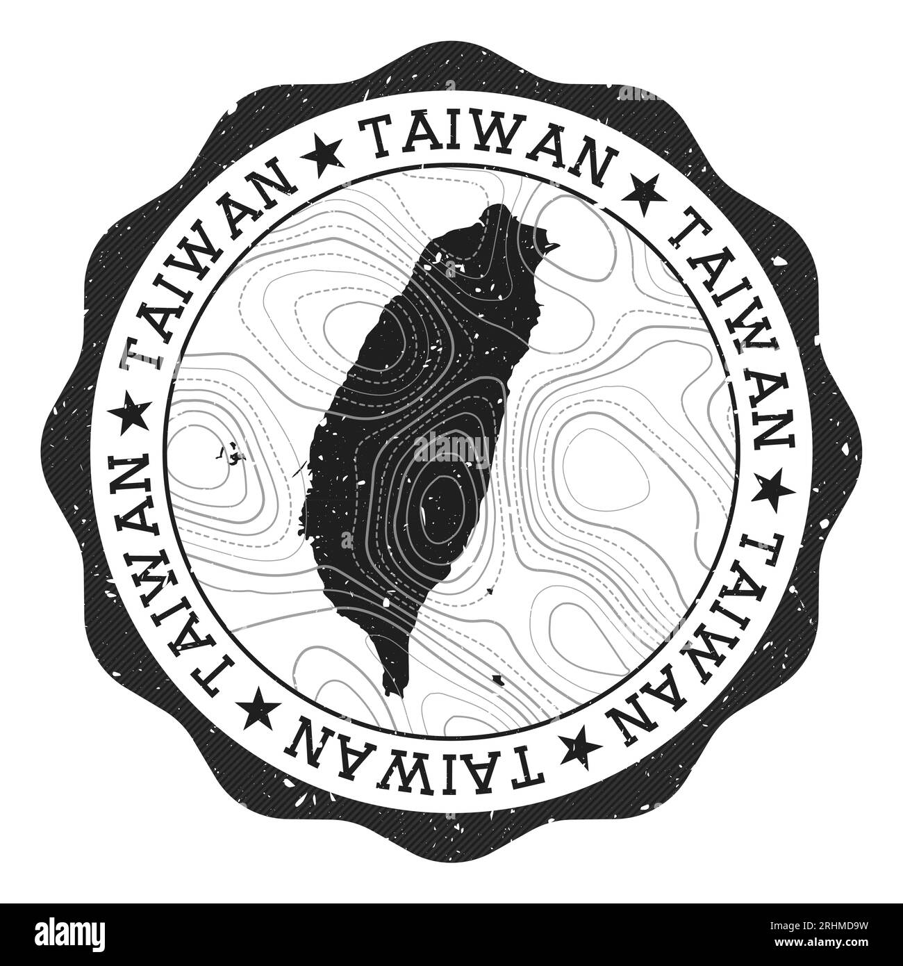 Taiwan outdoor stamp. Round sticker with map of country with topographic isolines. Vector illustration. Can be used as insignia, logotype, label, stic Stock Vector