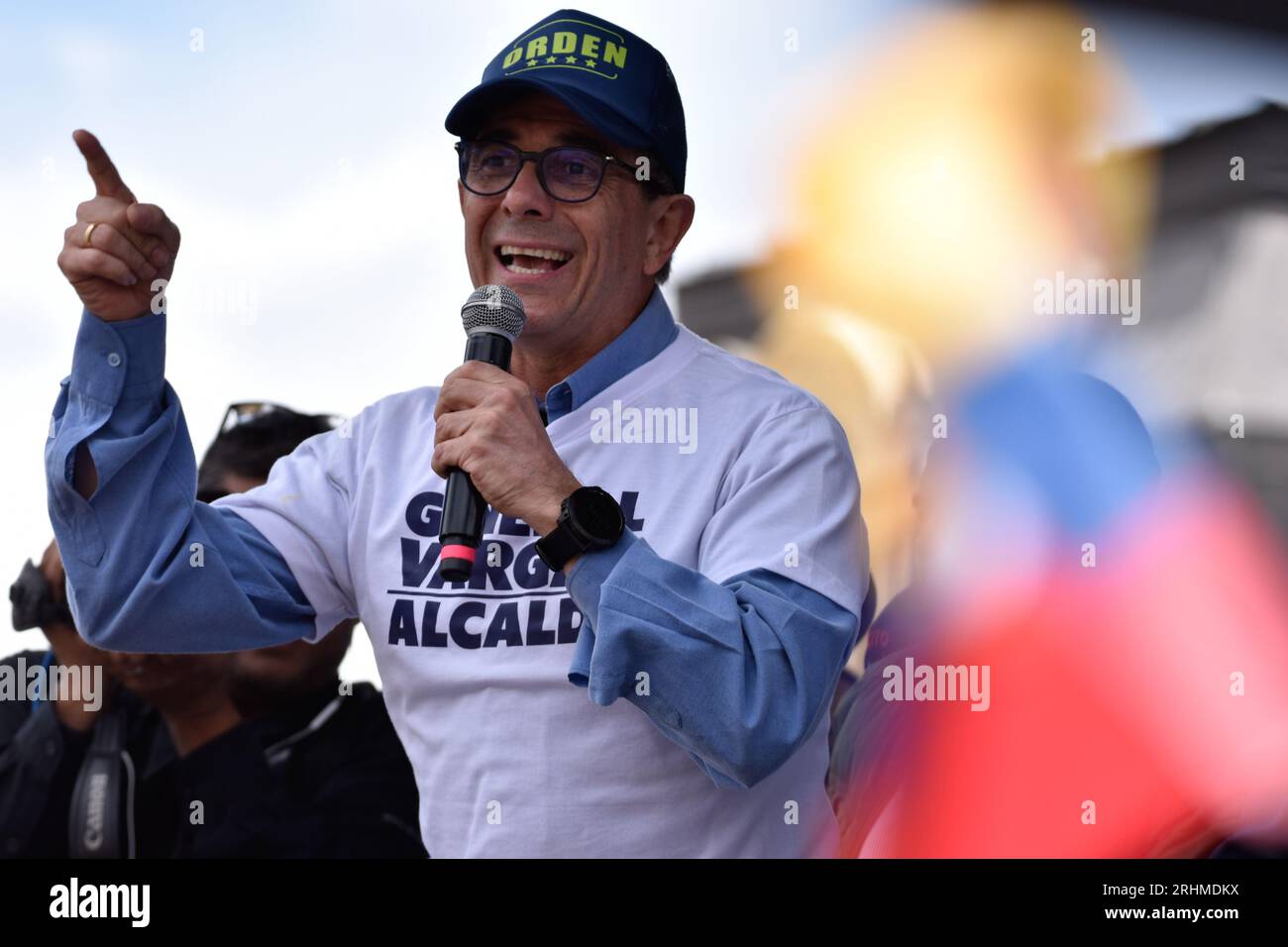 Bogota, Colombia. 16th Aug, 2023. Colombia's police former director and mayor candidate speaks during protests against Colombian president Gustavo Petro in Bogota, August 16, 2023. Photo by: Cristian Bayona/Long Visual Press Credit: Long Visual Press/Alamy Live News Stock Photo