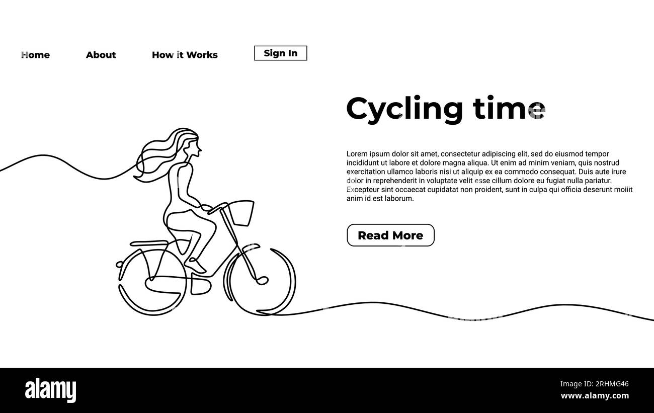 Cycling time one line drawing landing page template. Continuous hand drawn minimalist a girl ride a bike, minimalism vector illustration, sport theme Stock Vector