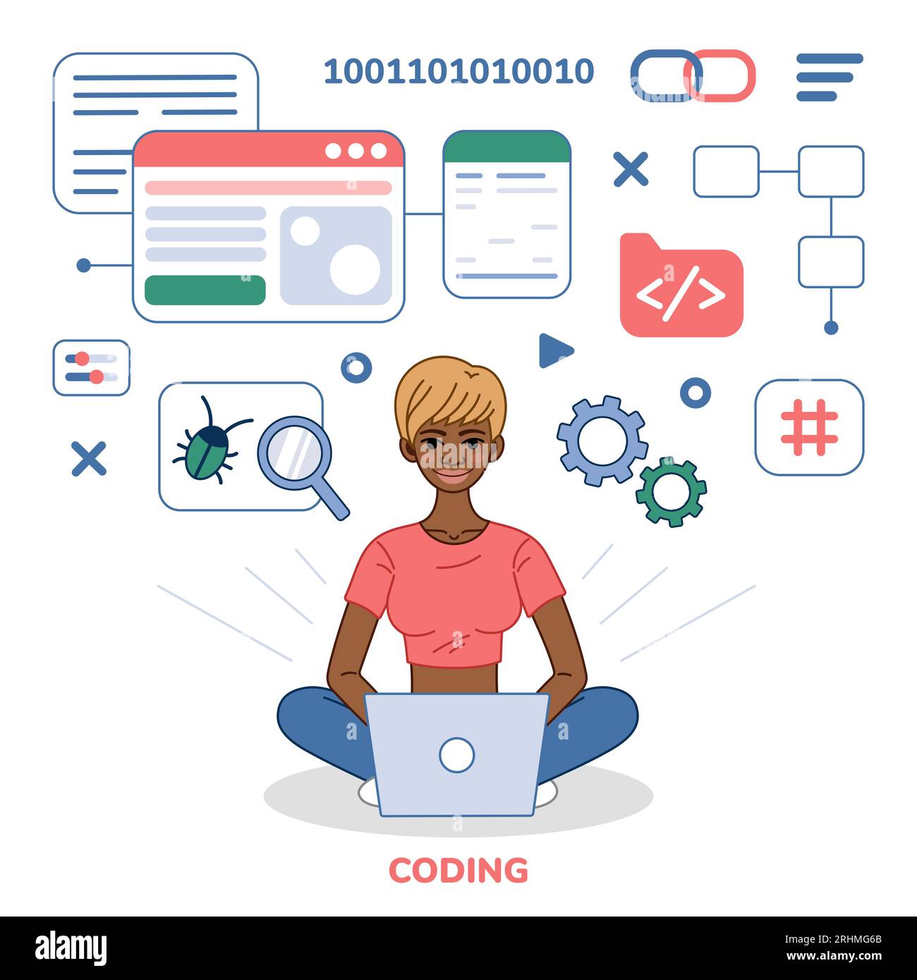 Programmer tester female character cartoon illustration. African ...
