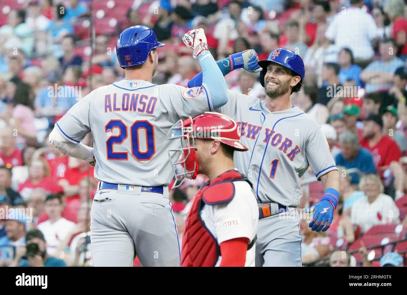 St. Louis, United States. 17th Aug, 2023. New York Mets Pete Alonso is welcomed to home plate by Jeff McNeil after hitting a two run home run in the fourth inning at Busch Stadium in St. Louis on Thursday, August 17, 2023. Photo by Bill Greenblatt/UPI Credit: UPI/Alamy Live News Stock Photo