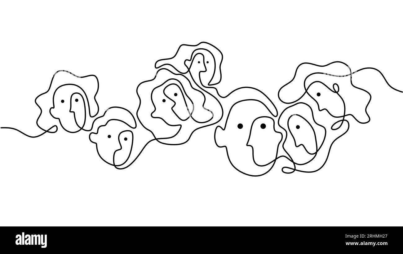 Hand drawing one continuous single line of abstract face group people ...