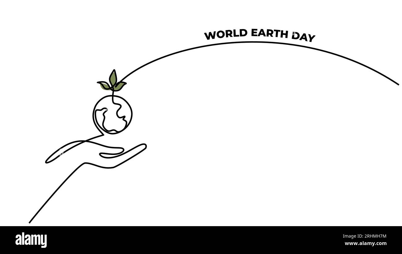 World earth day banner, hand holding earth with plant. Continuous one line art drawing. Vector minimalist illustration design. Stock Vector