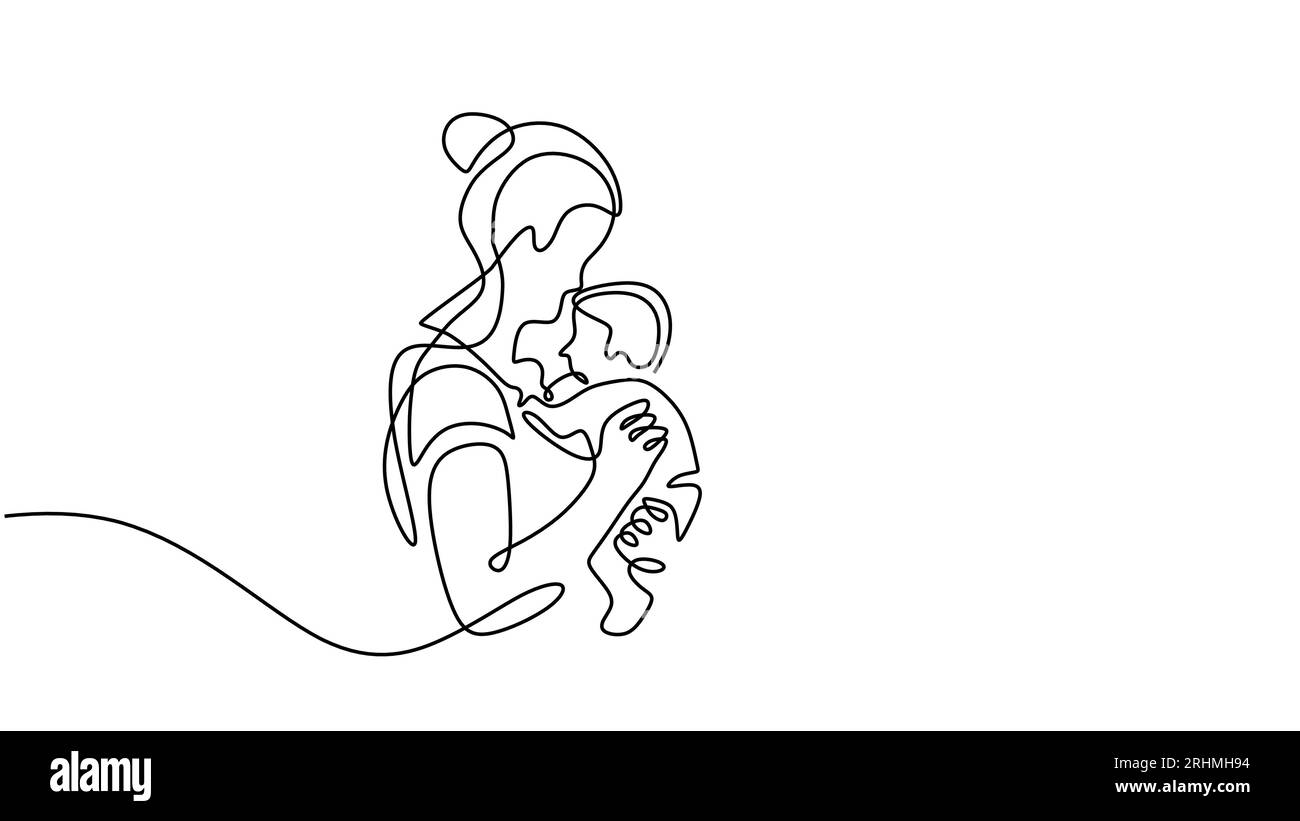 Mom and baby continuous one line drawing, vector illustration mother and child. Minimalist hand drawn design. Stock Vector