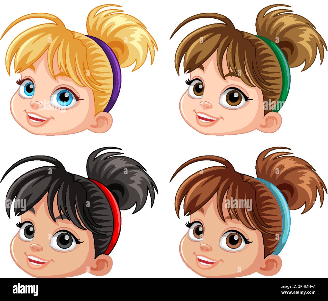 Set of girl cartoon head different hair colour illustration Stock