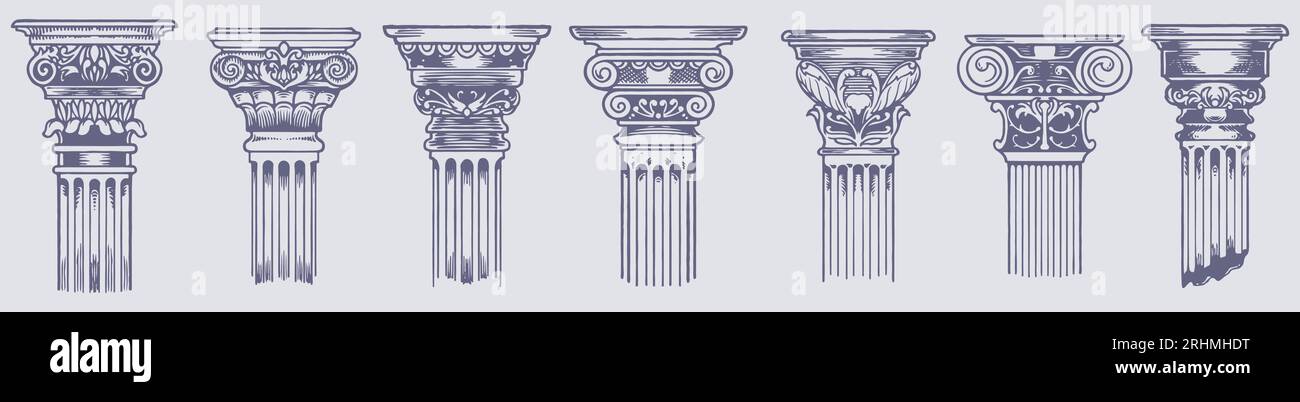 Ancient Greek Columns - Vintage Sketch Illustrations Set for Retro Design | Hand-Drawn Vector Art of Classic Architecture and Ornate Pillars, Decorati Stock Vector