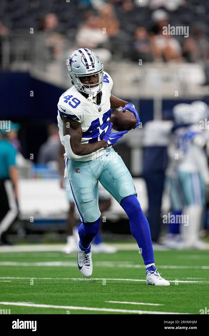 Dallas Cowboys wide receiver John Stephens Jr. (49) celebrates scoring a  touchdown during an NFL football