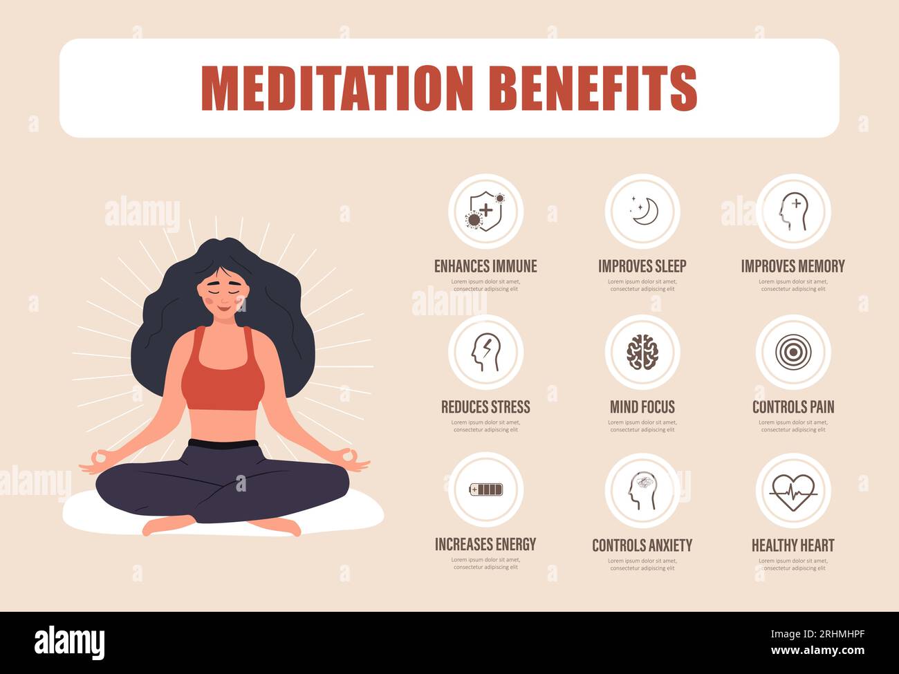 Meditation benefits. Woman sitting in lotus position and keep calm