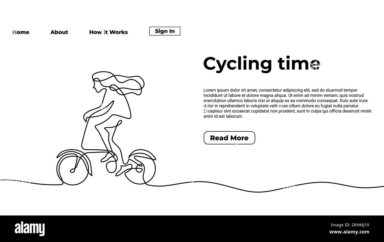 Ride a bike one line drawing of bicycle. Cycling time hand drawn minimalist landing page design. Vector illustration a girl with cycle during sport ti Stock Vector