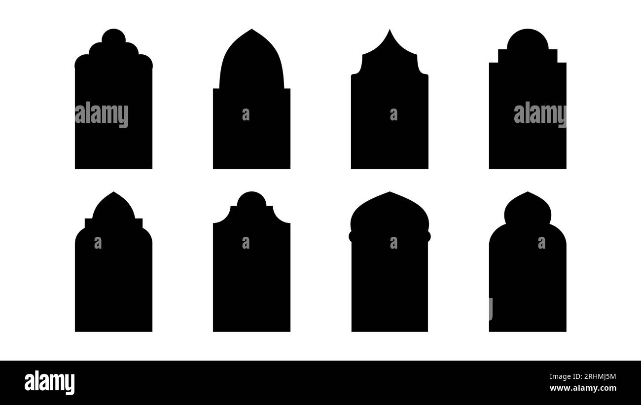 Nine mosque windows silhouette isolated on white background Stock ...