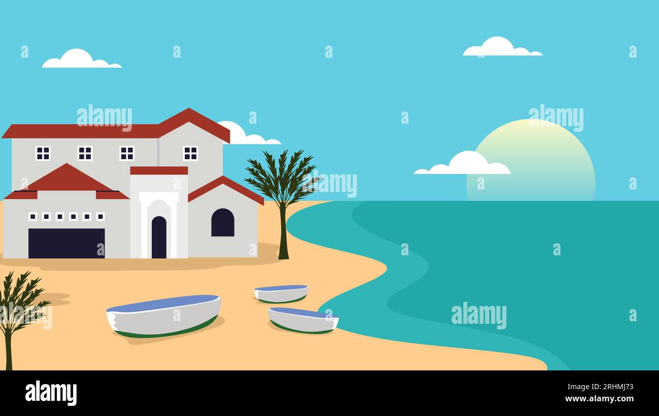 Mediterranean House with Sea View - Vector Illustration of Traditional Architecture and Coastal Landscape Stock Vector