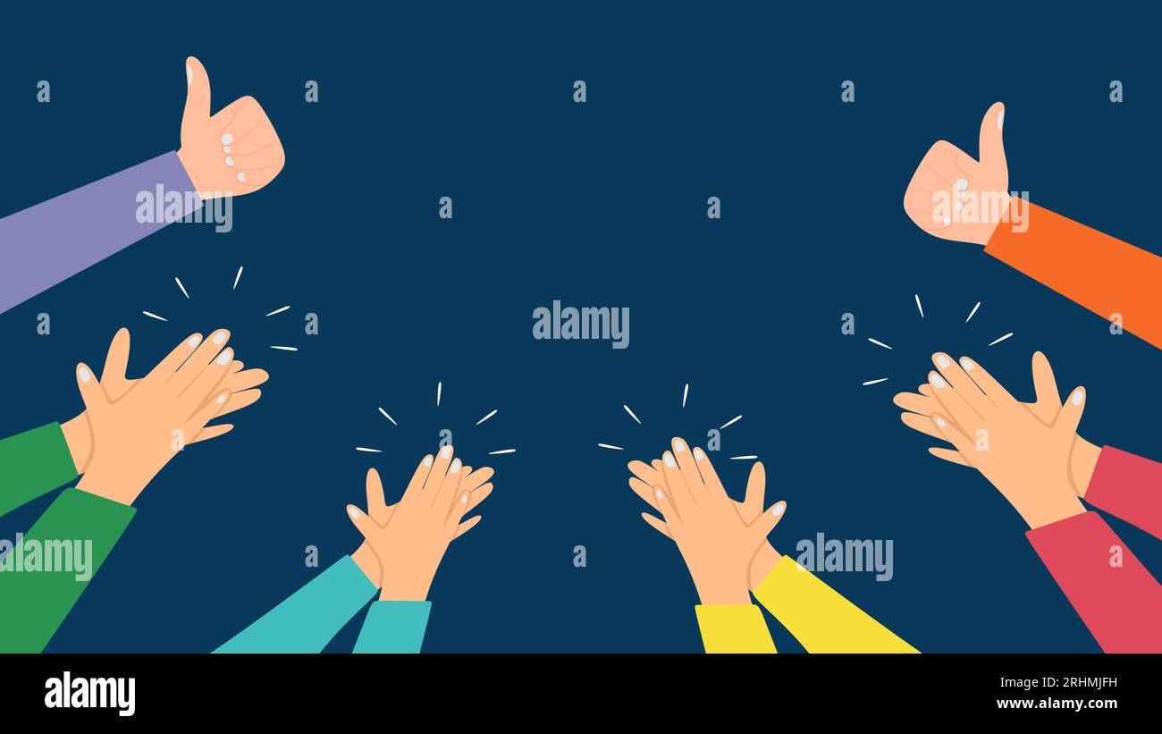 Two hand thumb up and four hands clapping isolated on blue background